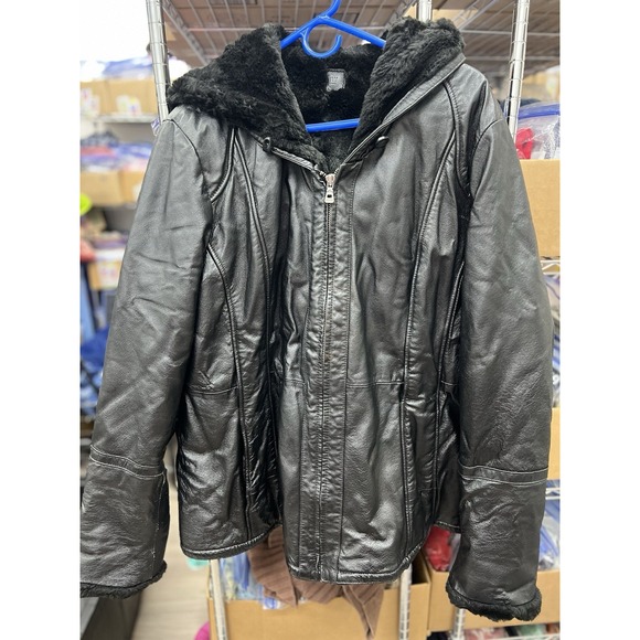 Wilsons Leather Jackets & Blazers - Wilsons Leather Genevieve Black Faux Fur Trim Hooded Jacket Size‎ XL P2P  50in